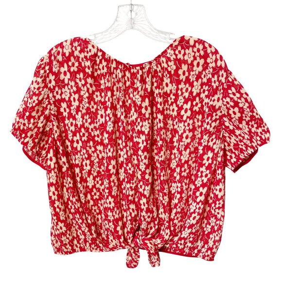 Madewell Crinkled Button-Back Tie Tee in Full Bloom Womens Size Medium Red Cream - Picture 2 of 8